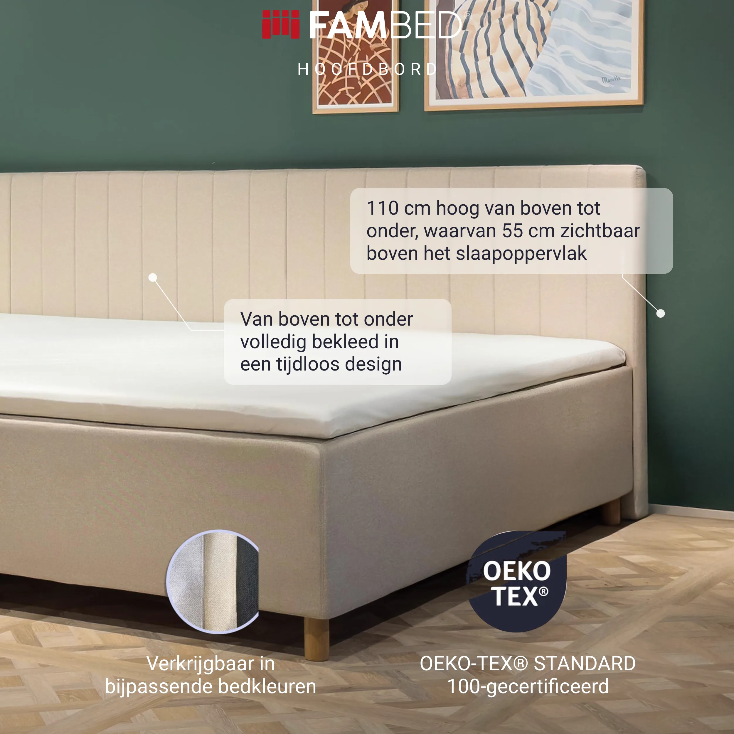 Infographic: beige FAMBED hoofdbord achter het bed, met informatie over de volledige stoffering, de hoogte van 110 cm en bijpassende kleuren